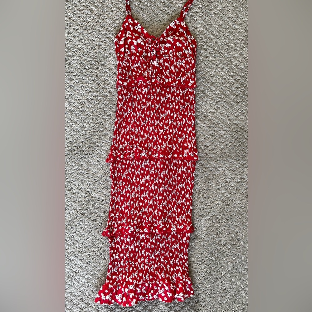 Summer Red Floral Shirred Midi Dress